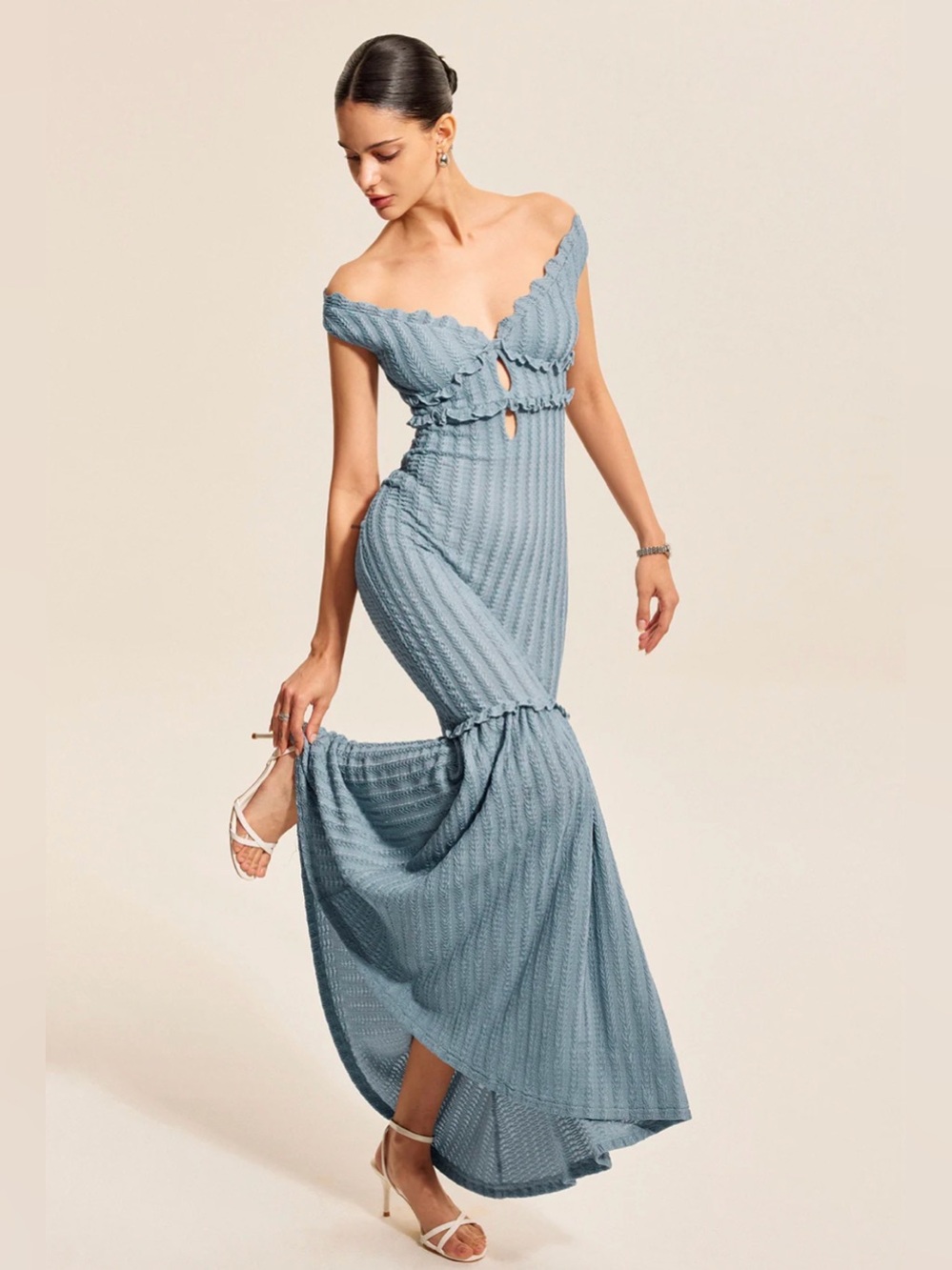 Commense Off Shoulder Scalloped Knit Maxi Dress